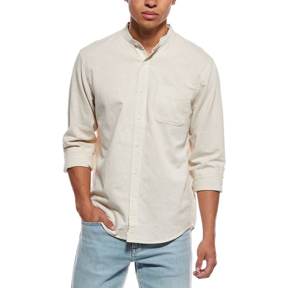 Rowing Blazers Mens  Casual Linen-Blend Band Collar Shirt, White